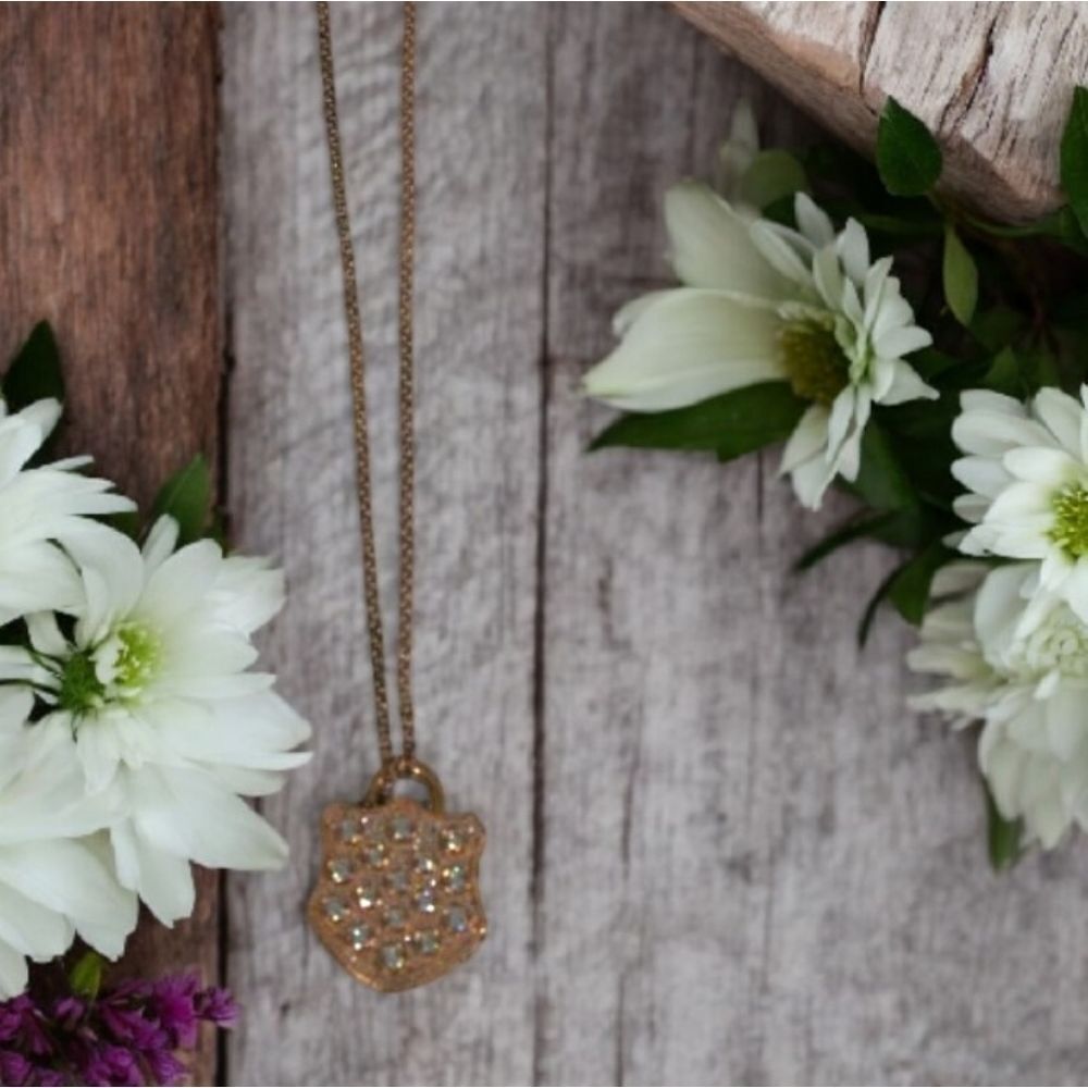 Sparkling Rose Gold Tone Shield Pendant Necklace with Clear Rhinestones